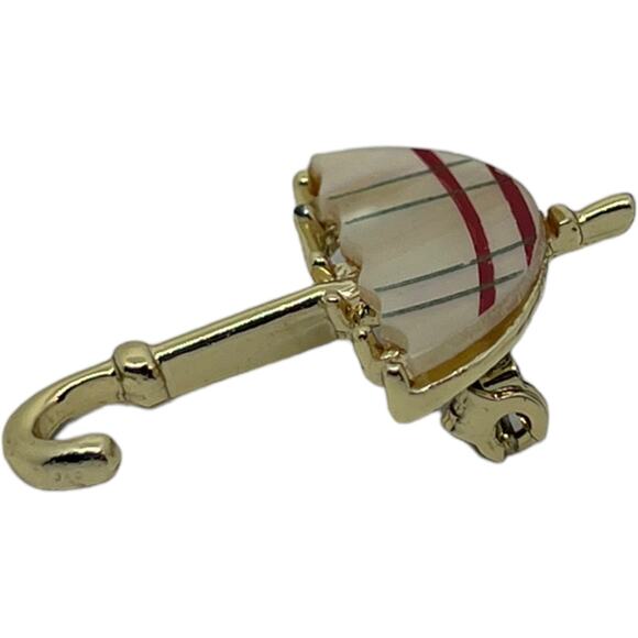 Vintage Umbrella Brooch Pin Mother of Pearl Red Stripe Gold Tone 1960s Parasol - Picture 9 of 15